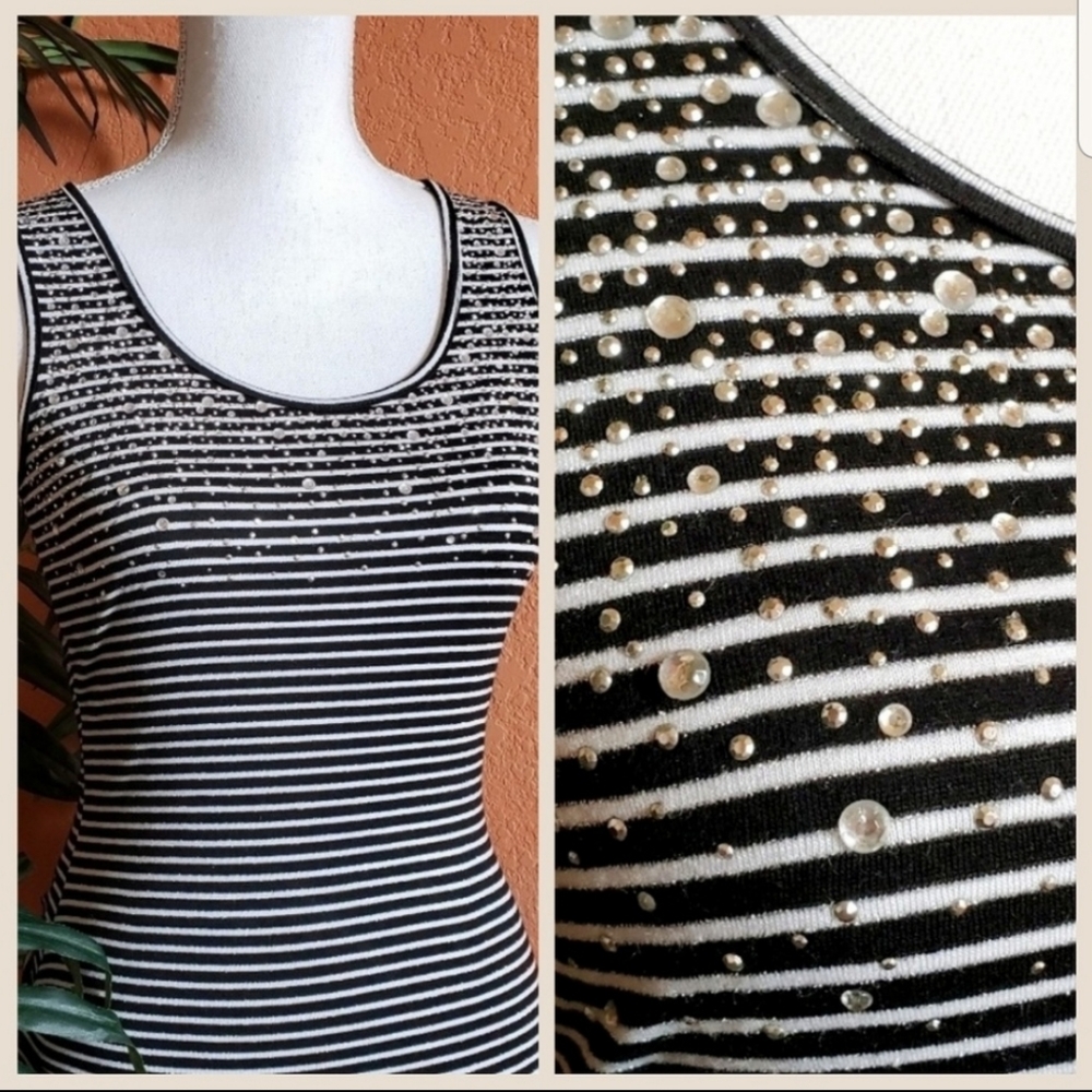 Cache Striped Metallic Embellished Tank Top Black White Rhinestone XS Scoop Neck